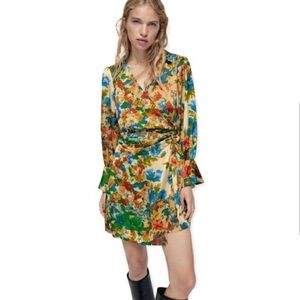 ZARA colorful floral satin-like mini dress